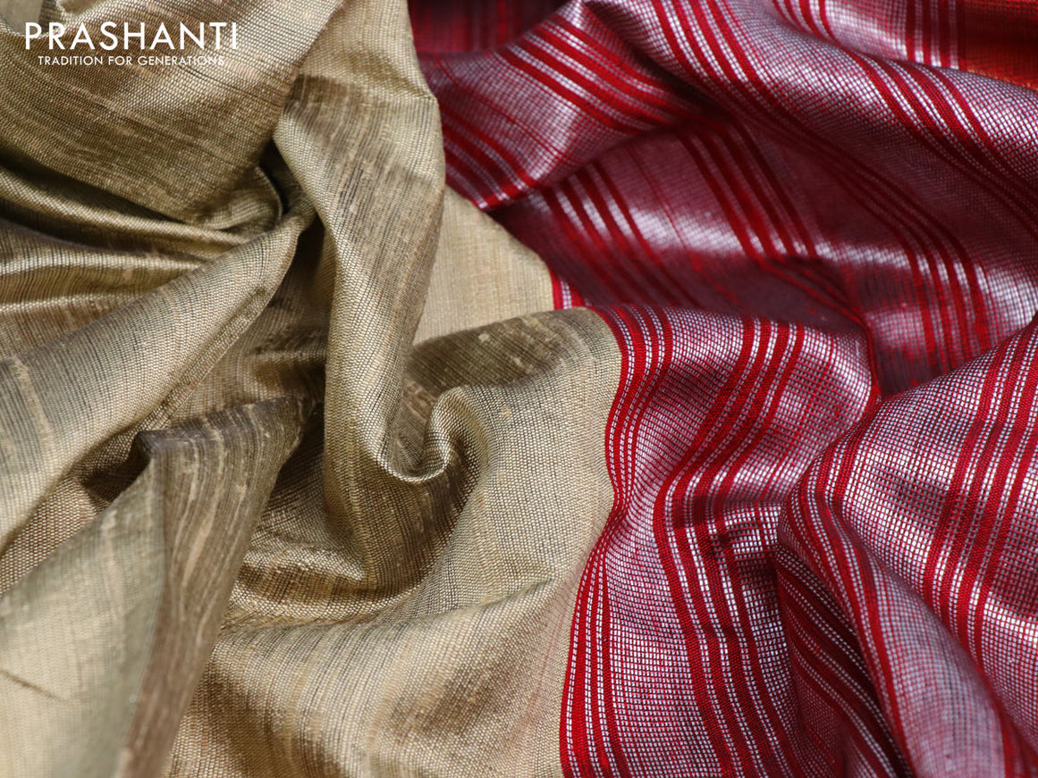 Pure dupion silk saree beige and maroon with plain body and temple design ganga jamuna border