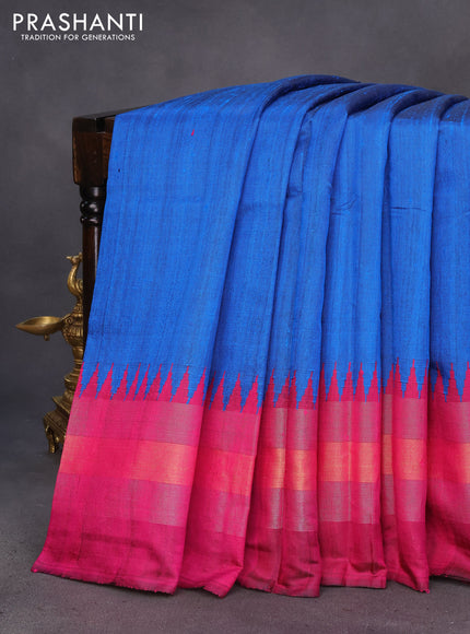 Pure dupion silk saree cs clue and magenta pink with plain body and temple design ganga jamuna border