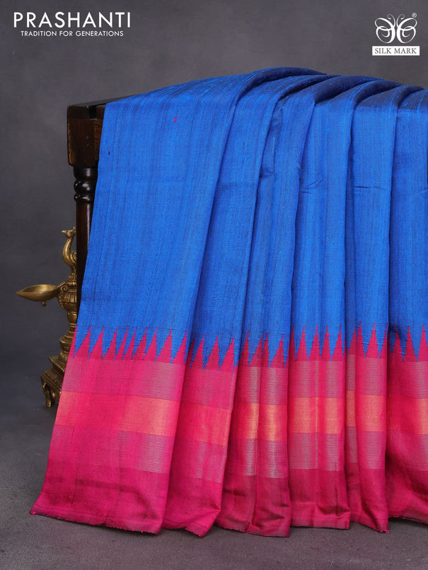 Pure dupion silk saree cs clue and magenta pink with plain body and temple design ganga jamuna border