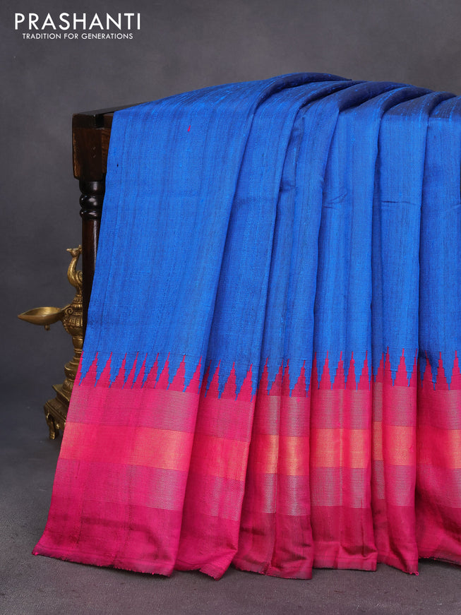 Pure dupion silk saree cs clue and magenta pink with plain body and temple design ganga jamuna border