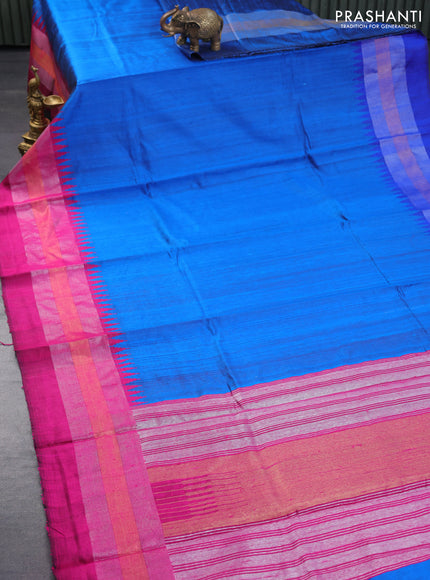 Pure dupion silk saree cs clue and magenta pink with plain body and temple design ganga jamuna border