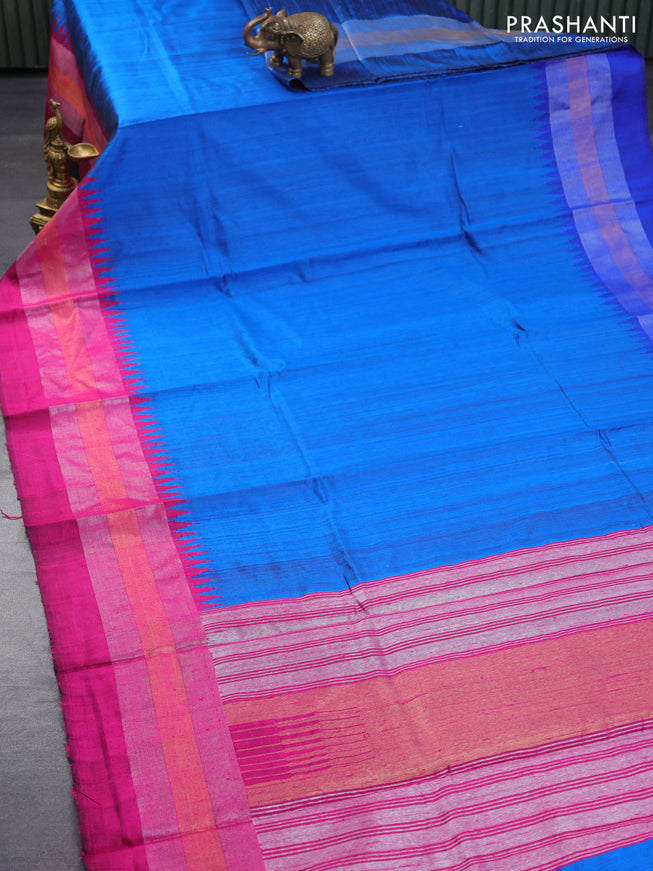 Pure dupion silk saree cs clue and magenta pink with plain body and temple design ganga jamuna border