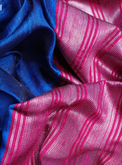 Pure dupion silk saree cs clue and magenta pink with plain body and temple design ganga jamuna border