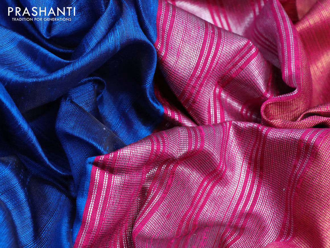 Pure dupion silk saree cs clue and magenta pink with plain body and temple design ganga jamuna border