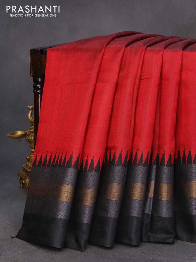 Pure dupion silk saree red and black with plain body and temple design zari woven border