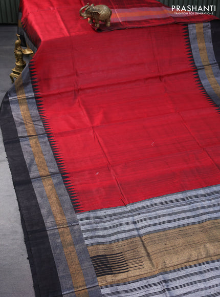 Pure dupion silk saree red and black with plain body and temple design zari woven border