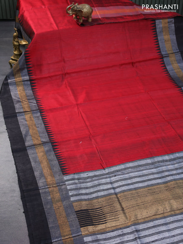 Pure dupion silk saree red and black with plain body and temple design zari woven border