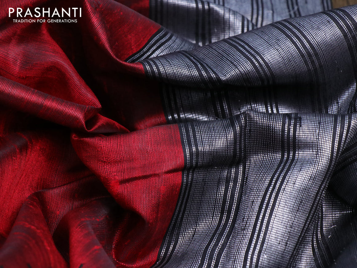 Pure dupion silk saree red and black with plain body and temple design zari woven border