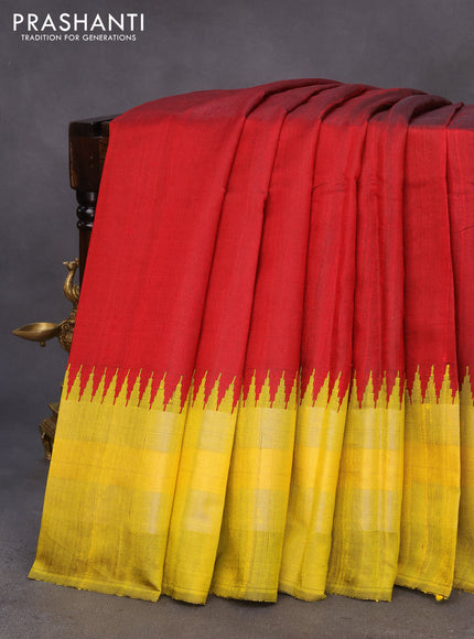 Pure dupion silk saree maroon and yellow with plain body and temple design ganga jamuna border