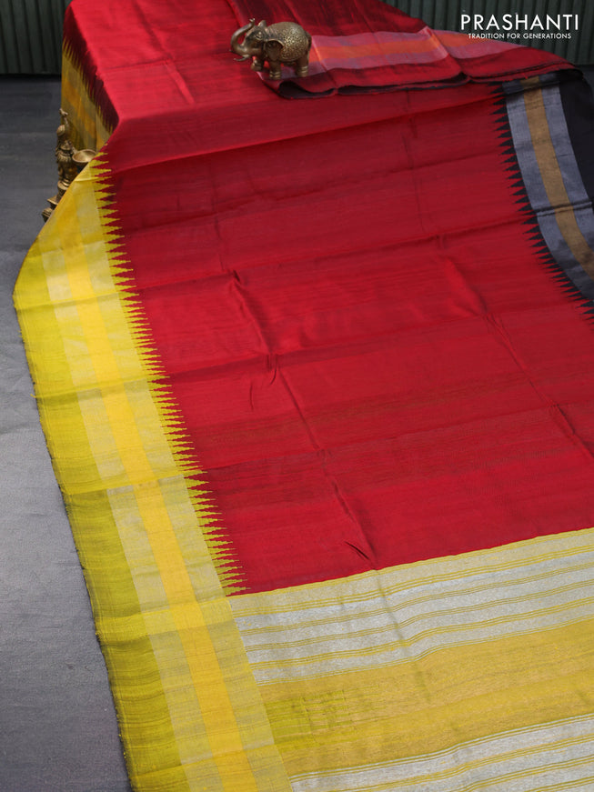 Pure dupion silk saree maroon and yellow with plain body and temple design ganga jamuna border