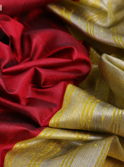 Pure dupion silk saree maroon and yellow with plain body and temple design ganga jamuna border