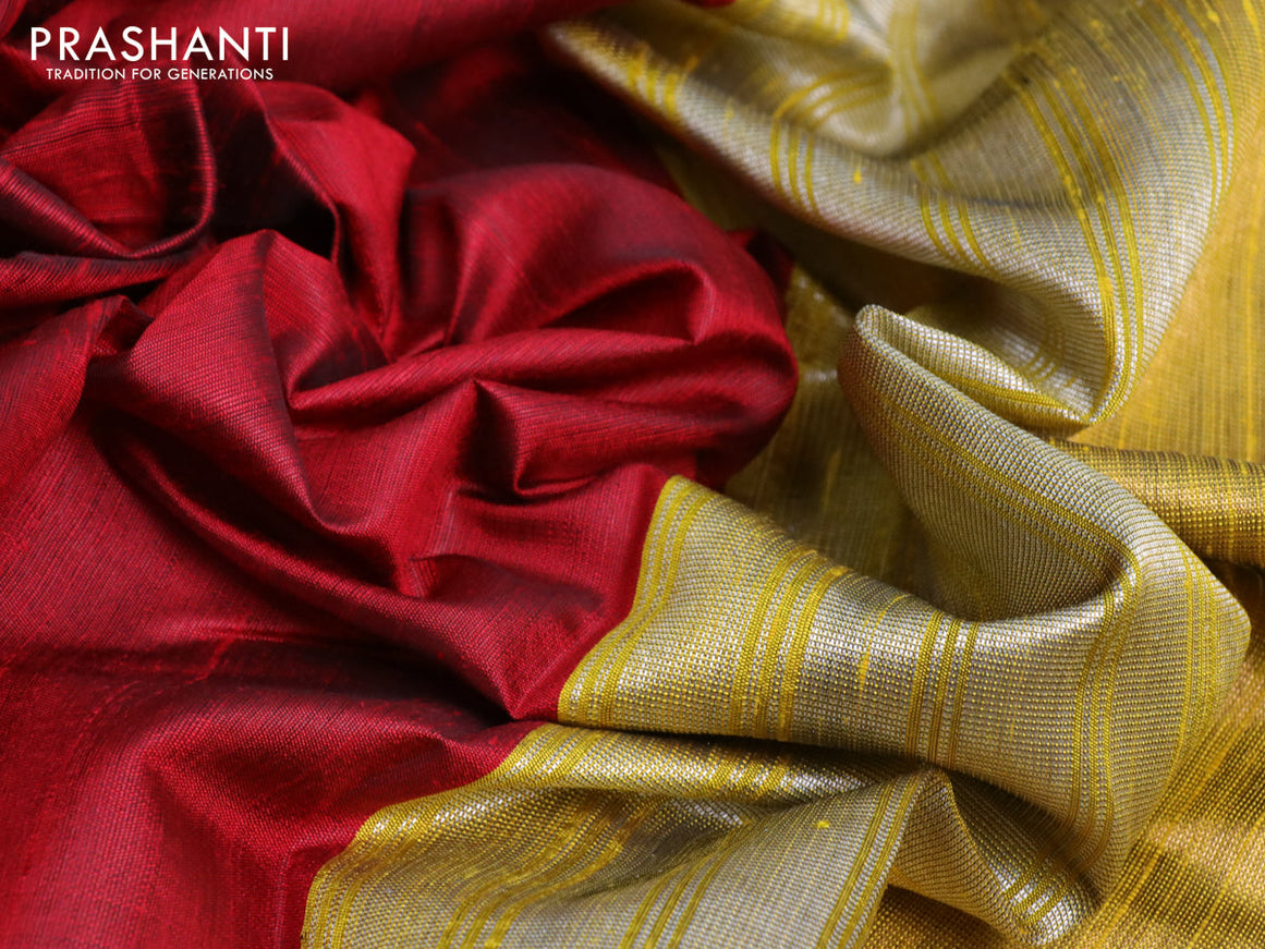 Pure dupion silk saree maroon and yellow with plain body and temple design ganga jamuna border