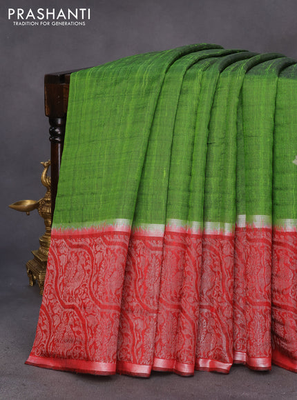 Pure dupion silk saree sap green and red with silver zari woven buttas and long silver zari woven border