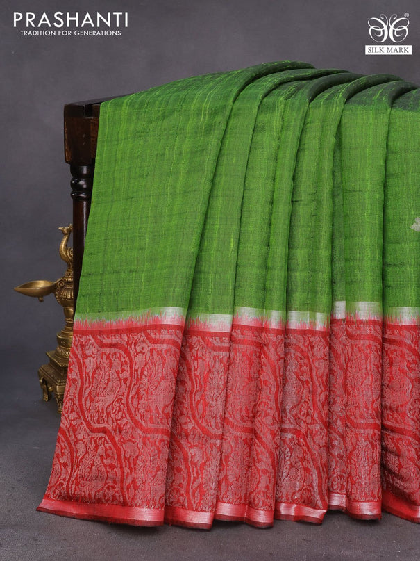 Pure dupion silk saree sap green and red with silver zari woven buttas and long silver zari woven border