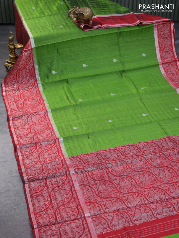 Pure dupion silk saree sap green and red with silver zari woven buttas and long silver zari woven border