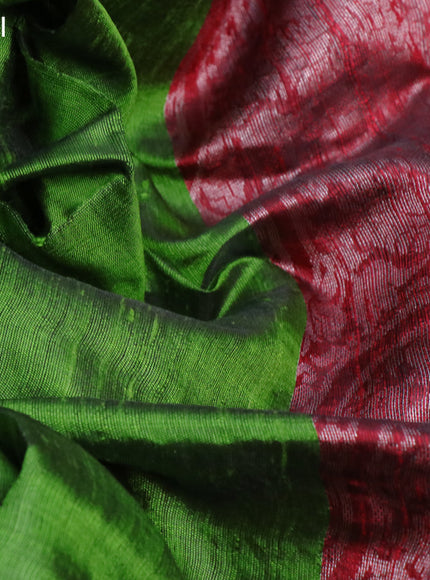 Pure dupion silk saree sap green and red with silver zari woven buttas and long silver zari woven border