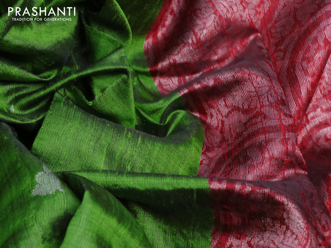 Pure dupion silk saree sap green and red with silver zari woven buttas and long silver zari woven border