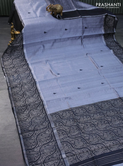 Pure dupion silk saree grey and black with thread woven buttas and long silver zari woven border