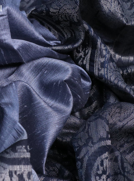 Pure dupion silk saree grey and black with thread woven buttas and long silver zari woven border