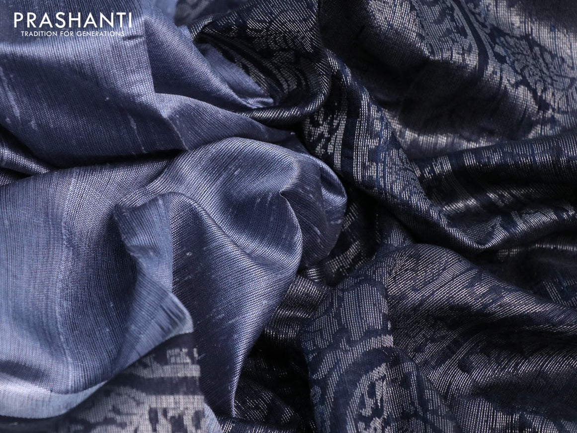 Pure dupion silk saree grey and black with thread woven buttas and long silver zari woven border