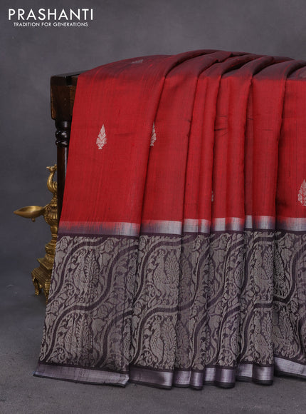 Pure dupion silk saree maroon and deep jamun with silver zari woven buttas and long silver zari woven border