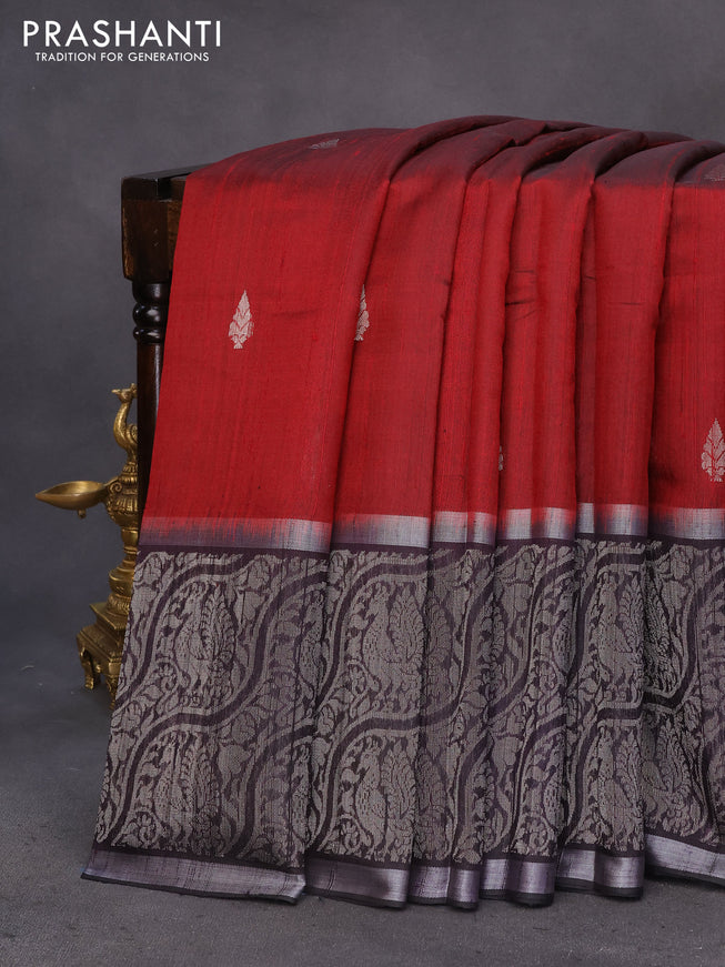 Pure dupion silk saree maroon and deep jamun with silver zari woven buttas and long silver zari woven border