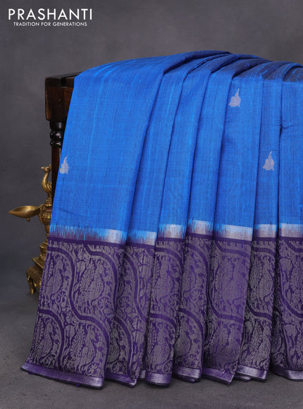 Pure dupion silk saree cs blue and dark navy blue with silver zari woven buttas and long silver zari woven border