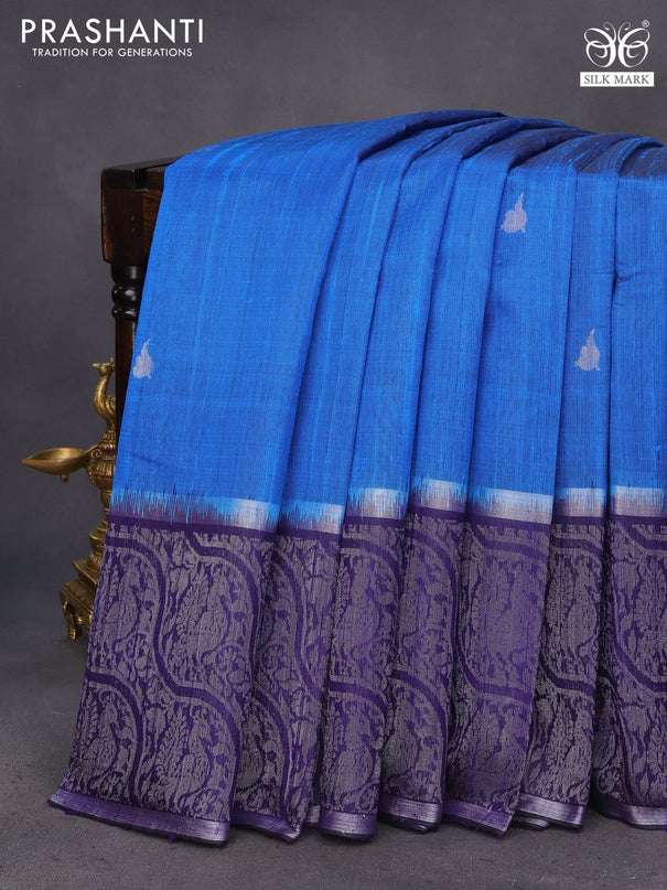 Pure dupion silk saree cs blue and dark navy blue with silver zari woven buttas and long silver zari woven border