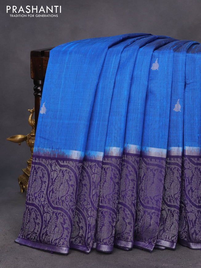 Pure dupion silk saree cs blue and dark navy blue with silver zari woven buttas and long silver zari woven border