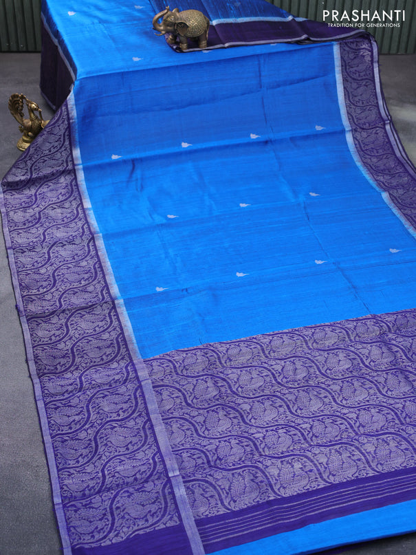 Pure dupion silk saree cs blue and dark navy blue with silver zari woven buttas and long silver zari woven border