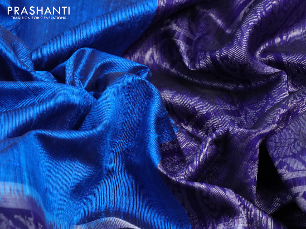 Pure dupion silk saree cs blue and dark navy blue with silver zari woven buttas and long silver zari woven border