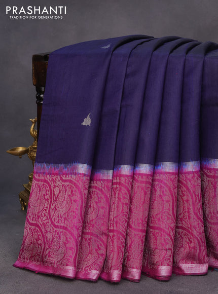 Pure dupion silk saree dark navy blue and dark magenta pink with silver zari woven buttas and long silver zari woven border