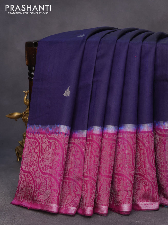 Pure dupion silk saree dark navy blue and dark magenta pink with silver zari woven buttas and long silver zari woven border