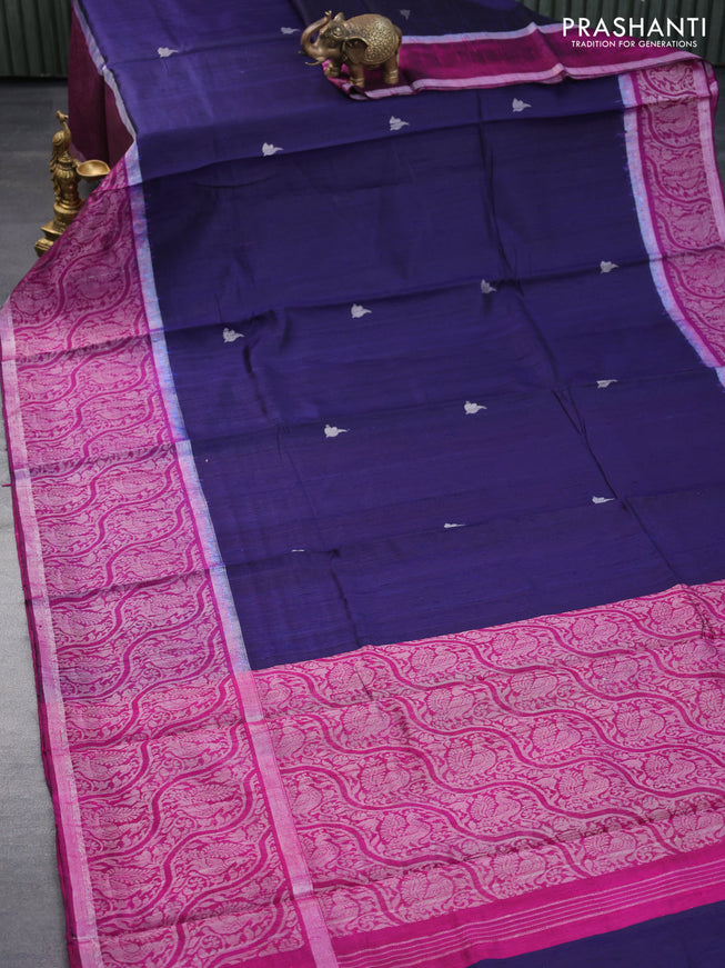 Pure dupion silk saree dark navy blue and dark magenta pink with silver zari woven buttas and long silver zari woven border