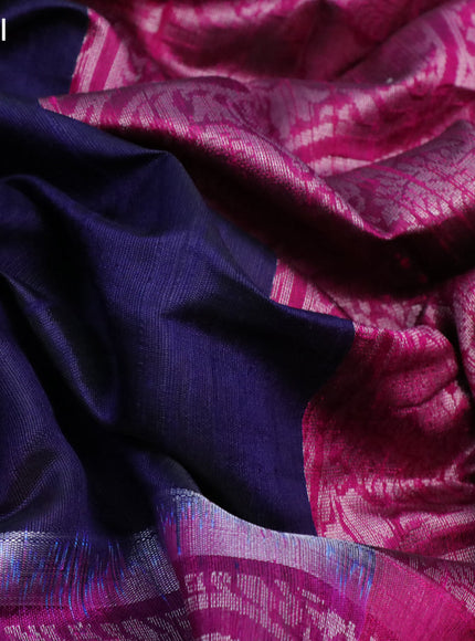 Pure dupion silk saree dark navy blue and dark magenta pink with silver zari woven buttas and long silver zari woven border