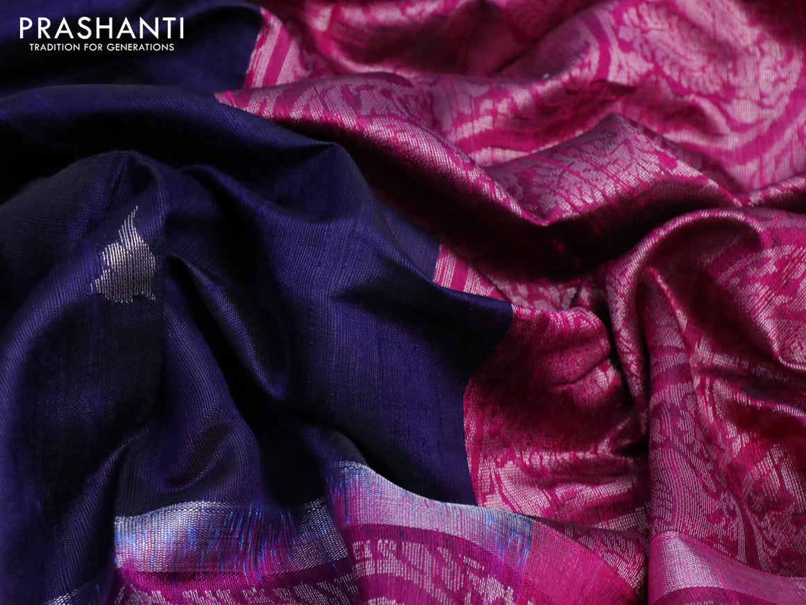 Pure dupion silk saree dark navy blue and dark magenta pink with silver zari woven buttas and long silver zari woven border