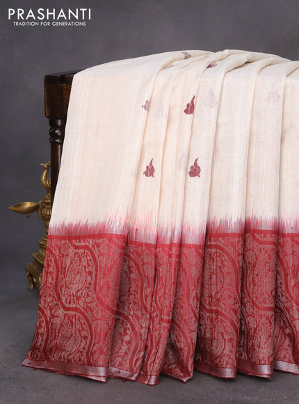 Pure dupion silk saree off white and maroon with thead woven buttas and long silver zari woven border