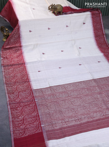 Pure dupion silk saree off white and maroon with thead woven buttas and long silver zari woven border