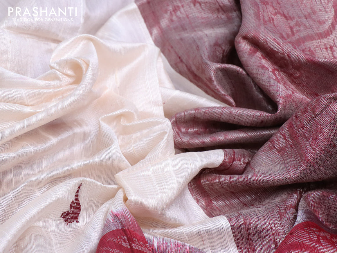 Pure dupion silk saree off white and maroon with thead woven buttas and long silver zari woven border