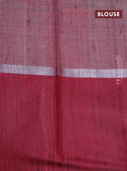 Pure dupion silk saree off white and maroon with thead woven buttas and long silver zari woven border