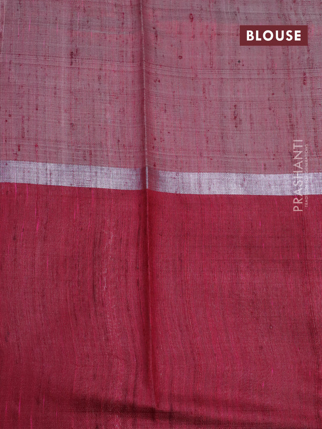 Pure dupion silk saree off white and maroon with thead woven buttas and long silver zari woven border