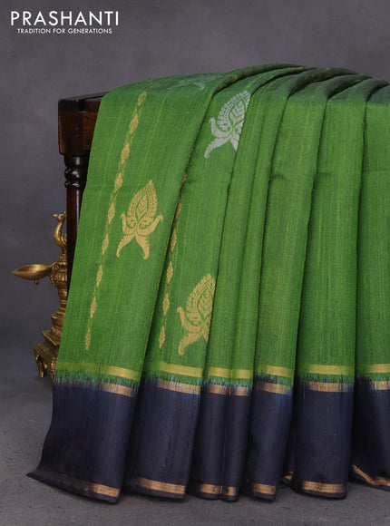 Pure dupion silk saree sap green and black with zari weaves & buttas and rettapet zari woven border