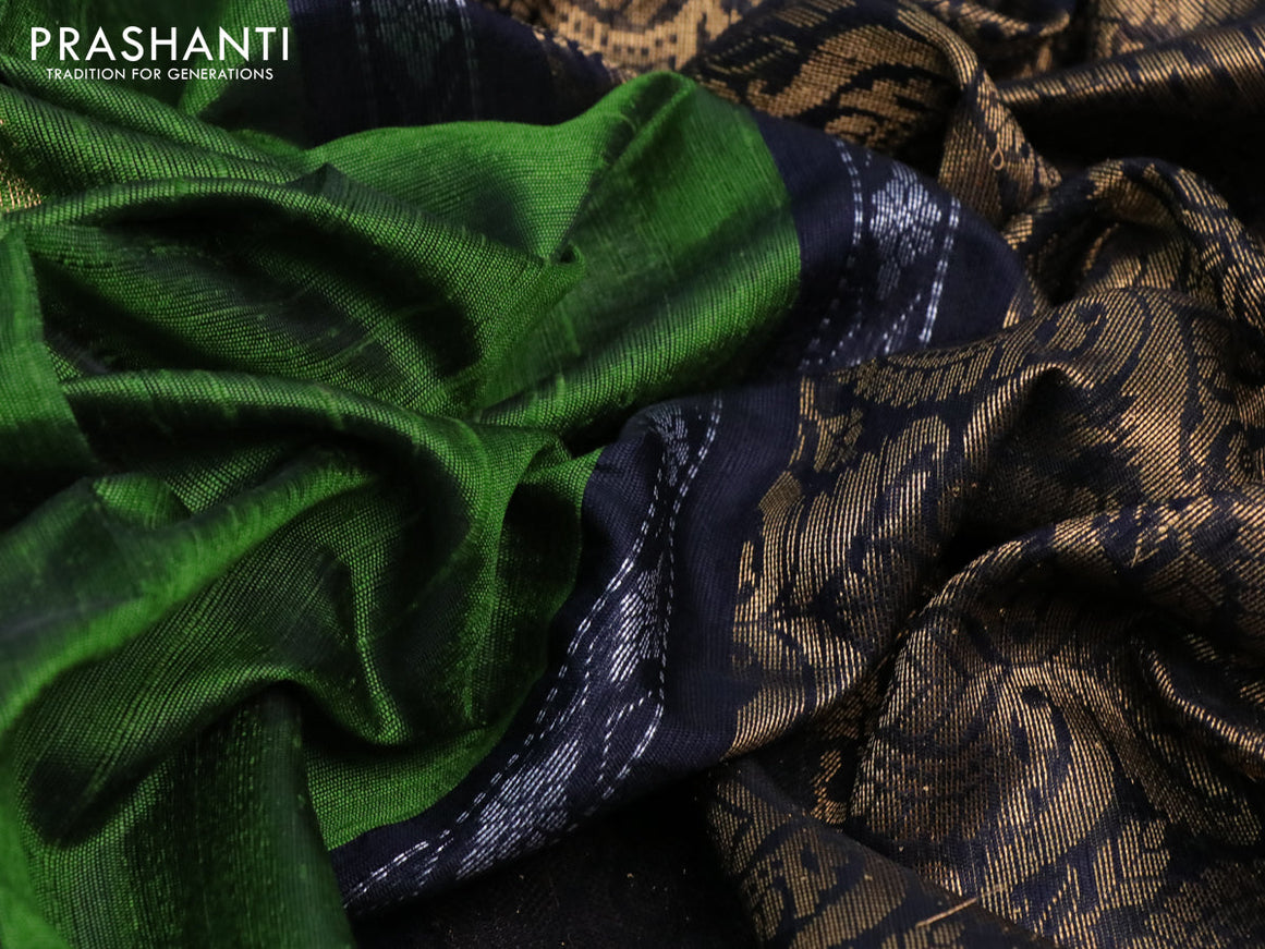 Pure dupion silk saree sap green and black with zari weaves & buttas and rettapet zari woven border