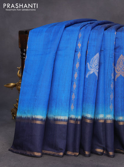 Pure dupion silk saree cs blue and dark navy blue with zari weaves & buttas and rettapet zari woven border