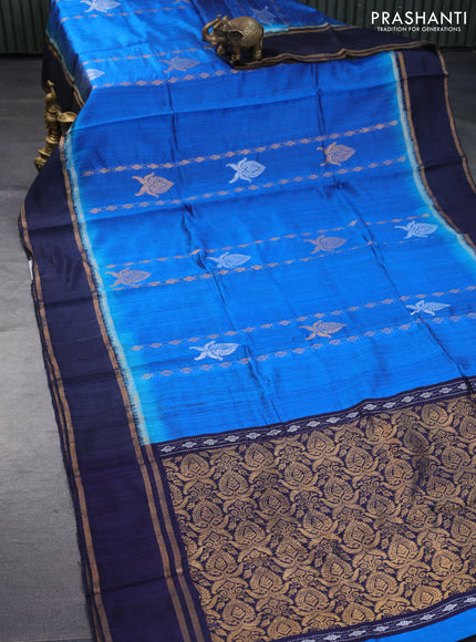 Pure dupion silk saree cs blue and dark navy blue with zari weaves & buttas and rettapet zari woven border