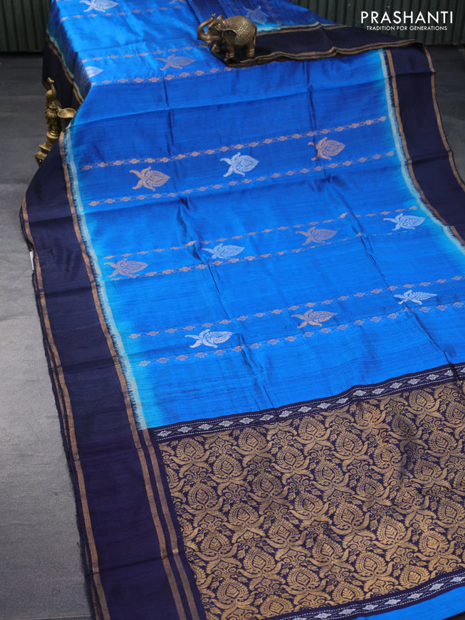 Pure dupion silk saree cs blue and dark navy blue with zari weaves & buttas and rettapet zari woven border