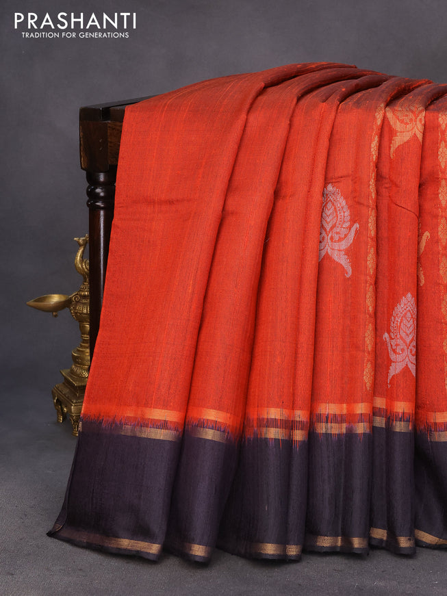 Pure dupion silk saree rustic orange and black with zari weaves & buttas and rettapet zari woven border