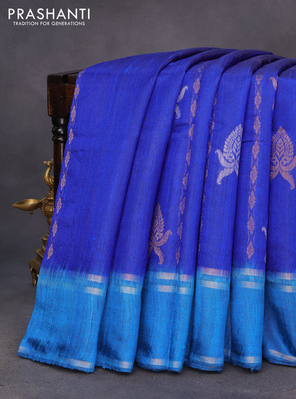 Pure dupion silk saree royal blue and cs blue with zari weaves & buttas and rettapet zari woven border