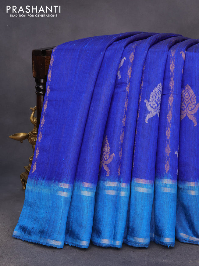 Pure dupion silk saree royal blue and cs blue with zari weaves & buttas and rettapet zari woven border