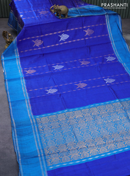 Pure dupion silk saree royal blue and cs blue with zari weaves & buttas and rettapet zari woven border